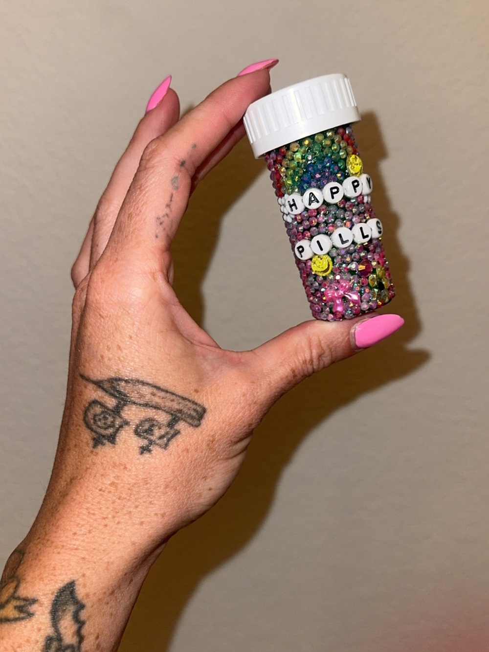 Happy Pills Handmade Bedazzled Pill Bottle |